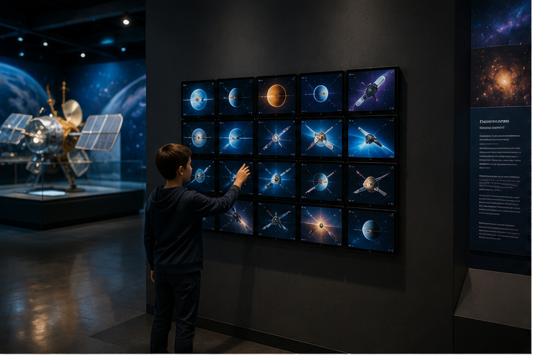 Concept render of Twenty Screens — a grid of small tablet-sized displays on a museum wall, showing physical scale next to a child